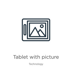 Tablet with picture icon. Thin linear tablet with picture outline icon isolated on white background from technology collection. Line vector sign, symbol for web and mobile