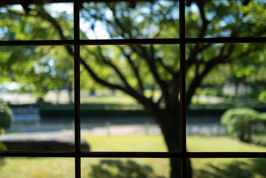 A look through a window of a Nagoya teahouse
