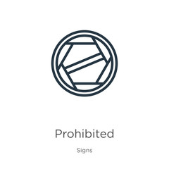 Prohibited icon. Thin linear prohibited outline icon isolated on white background from signs collection. Line vector sign, symbol for web and mobile