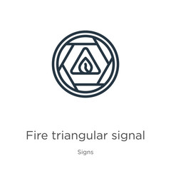 Fire triangular signal icon. Thin linear fire triangular signal outline icon isolated on white background from signs collection. Line vector sign, symbol for web and mobile