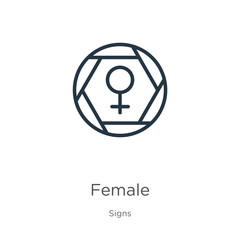 Female symbol icon. Thin linear female symbol outline icon isolated on white background from signs collection. Line vector sign, symbol for web and mobile