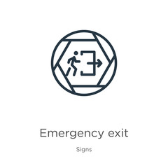 Emergency exit icon. Thin linear emergency exit outline icon isolated on white background from signs collection. Line vector sign, symbol for web and mobile