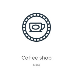 Coffee shop icon. Thin linear coffee shop outline icon isolated on white background from signs collection. Line vector sign, symbol for web and mobile