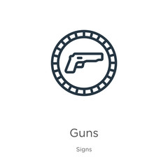Guns icon. Thin linear guns outline icon isolated on white background from signs collection. Line vector sign, symbol for web and mobile