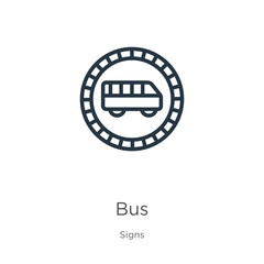 Bus icon. Thin linear bus outline icon isolated on white background from signs collection. Line vector sign, symbol for web and mobile