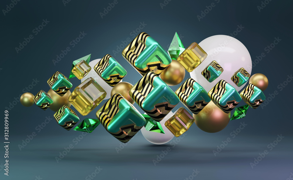 Poster group of abstract objects is floating on studio light background colorful theme, 3d render.