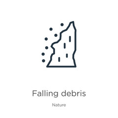 Falling debris icon. Thin linear falling debris outline icon isolated on white background from nature collection. Line vector sign, symbol for web and mobile