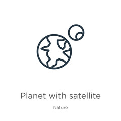 Planet with satellite icon. Thin linear planet with satellite outline icon isolated on white background from nature collection. Line vector sign, symbol for web and mobile