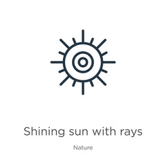 Shining sun with rays icon. Thin linear shining sun with rays outline icon isolated on white background from nature collection. Line vector sign, symbol for web and mobile