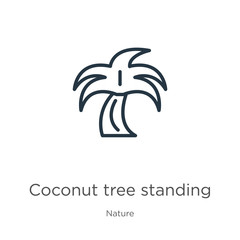 Coconut tree standing icon. Thin linear coconut tree standing outline icon isolated on white background from nature collection. Line vector sign, symbol for web and mobile