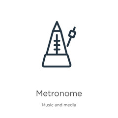 Metronome icon. Thin linear metronome outline icon isolated on white background from music collection. Line vector sign, symbol for web and mobile