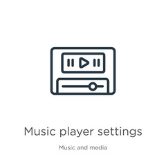 Music player settings icon. Thin linear music player settings outline icon isolated on white background from music and media collection. Line vector sign, symbol for web and mobile