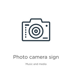 Photo camera sign icon. Thin linear photo camera sign outline icon isolated on white background from music and media collection. Line vector sign, symbol for web and mobile