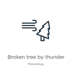 Broken tree by thunder icon. Thin linear broken tree by thunder outline icon isolated on white background from meteorology collection. Line vector sign, symbol for web and mobile
