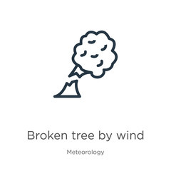 Broken tree by wind icon. Thin linear broken tree by wind outline icon isolated on white background from meteorology collection. Line vector sign, symbol for web and mobile