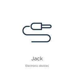 Jack icon. Thin linear jack outline icon isolated on white background from electronic devices collection. Line vector sign, symbol for web and mobile