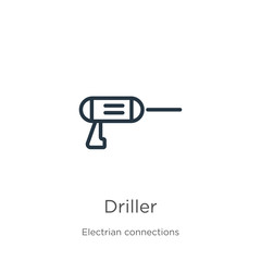 Driller icon. Thin linear driller outline icon isolated on white background from electrian connections collection. Line vector sign, symbol for web and mobile