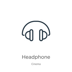 Obraz premium Headphone icon. Thin linear headphone outline icon isolated on white background from cinema collection. Line vector sign, symbol for web and mobile