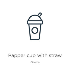Papper cup with straw icon. Thin linear papper cup with straw outline icon isolated on white background from cinema collection. Line vector sign, symbol for web and mobile
