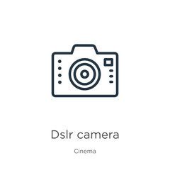 Dslr camera icon. Thin linear dslr camera outline icon isolated on white background from cinema collection. Line vector sign, symbol for web and mobile