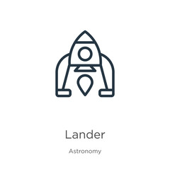 Lander icon. Thin linear lander outline icon isolated on white background from astronomy collection. Line vector sign, symbol for web and mobile