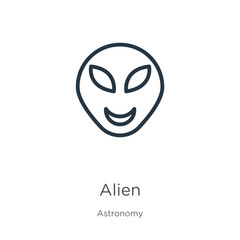 Alien icon. Thin linear alien outline icon isolated on white background from astronomy collection. Line vector sign, symbol for web and mobile