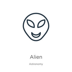 Alien icon. Thin linear alien outline icon isolated on white background from astronomy collection. Line vector sign, symbol for web and mobile