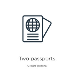 Two passports icon. Thin linear two passports outline icon isolated on white background from airport terminal collection. Line vector sign, symbol for web and mobile