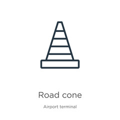 Road cone icon. Thin linear road cone outline icon isolated on white background from airport terminal collection. Line vector sign, symbol for web and mobile