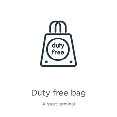 Duty free bag icon. Thin linear duty free bag outline icon isolated on white background from airport terminal collection. Line vector sign, symbol for web and mobile