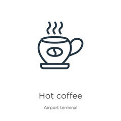 Hot coffee icon. Thin linear hot coffee outline icon isolated on white background from airport terminal collection. Line vector sign, symbol for web and mobile