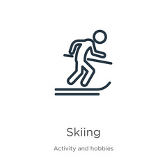 Skiing icon. Thin linear skiing outline icon isolated on white background from activity and hobbies collection. Line vector sign, symbol for web and mobile