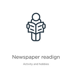 Newspaper readign icon. Thin linear newspaper readign outline icon isolated on white background from activity and hobbies collection. Line vector sign, symbol for web and mobile