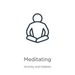 Meditating icon. Thin linear meditating outline icon isolated on white background from activity and hobbies collection. Line vector sign, symbol for web and mobile