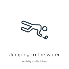 Jumping to the water icon. Thin linear jumping to the water outline icon isolated on white background from activity and hobbies collection. Line vector sign, symbol for web and mobile