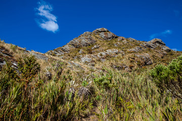 Beautiful landscape of Colombian Andean mountains showing paramo type vegetation in the department of Cundinamarca
