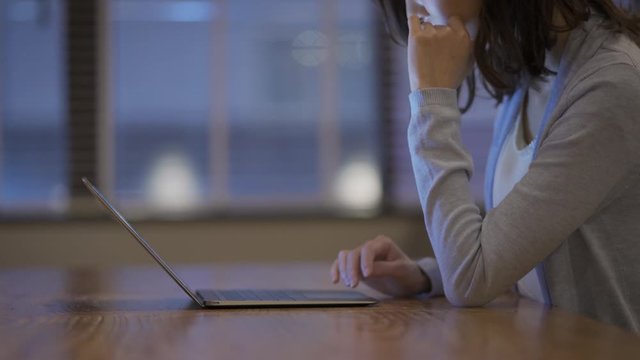 カフェでノートパソコンを操作している女性