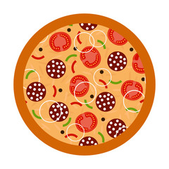 pizza with tomatoes and sausage, top view.