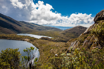 Beautiful landscape of Colombian Andean mountains showing paramo type vegetation in the department of Cundinamarca