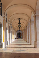 Ancient archway building in "Praça do Comércio" in the downtown of Lisbon, Portugal.