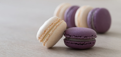 Food. macaroons white and purple, beige background