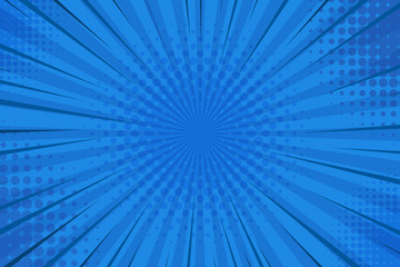 Abstract blue striped retro comic background with halftone corners. Cartoon turquoise background with stripes and half tone pattern for comics book, advertising design, poster
