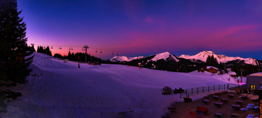 Beautiful panorama shot in Morzine, French Alpine Resort, France during Winter  - obrazy, fototapety, plakaty