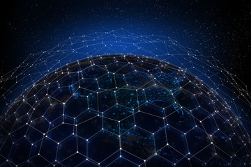 3D rendering: North America from space with a communications grid overlay. NASA material used.