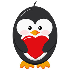 Cute penguin stand with red heart isolated on white background.