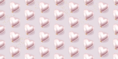 Valentines day 3d heart seamless pattern. Heart shaped pearly helium balloons
