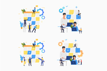 Planning board set. Office employees sticking notes on Kanban board. Flat vector illustrations. Business, schedule, scrum management concept for banner, website design or landing web page