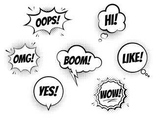 Set of speech bubbles for comics on a white background, cool sound of explosion and shock, imitation of halftone imprint texture. Vector illustration.