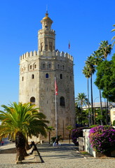 Fototapeta premium Torre del Oro in Sevilla mit Palme unter blauem Himmel