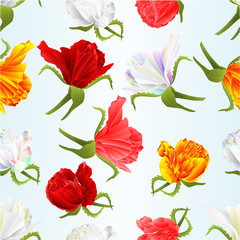 Seamless texture roses buds red pink white yellow colored  and leaves vintage  watercolor background  vector illustration  hand draw editable